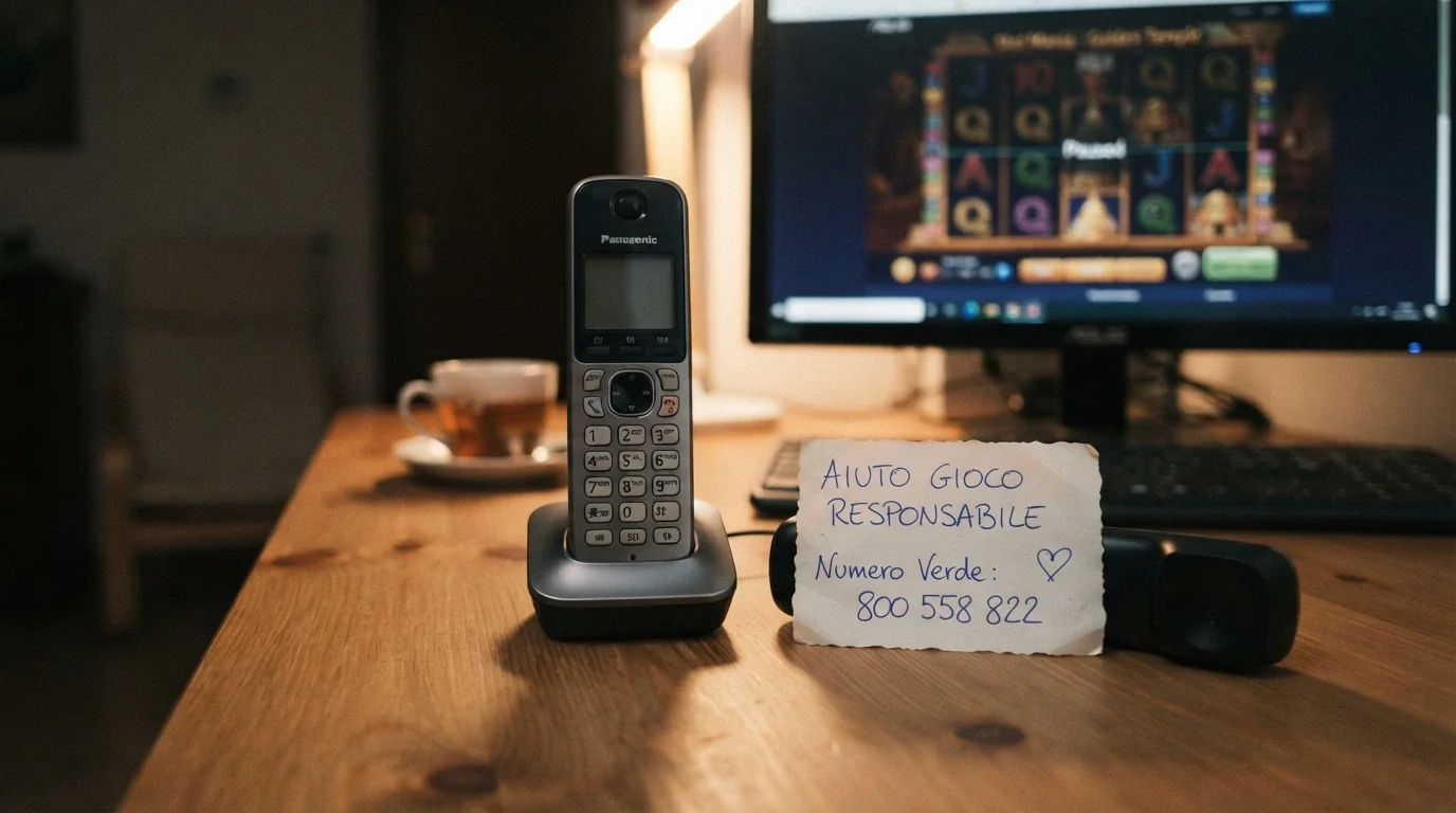 Un telefono fisso rosso su una scrivania, accanto un biglietto con il numero verde 800 558 822 scritto a mano; sullo sfondo, fuori fuoco, la luce di uno schermo con una slot in pausa