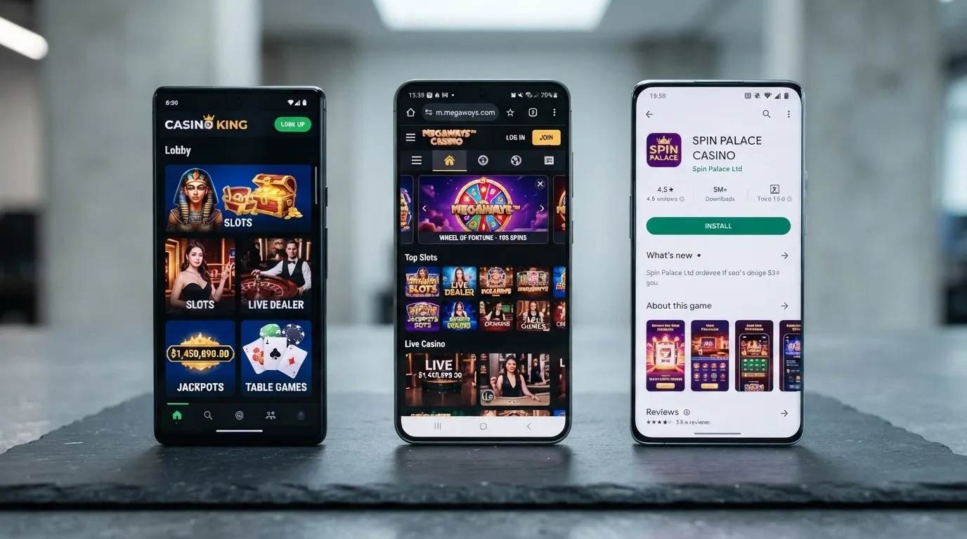 Tre smartphone Android affiancati con interfacce diverse: app nativa, APK, browser mobile