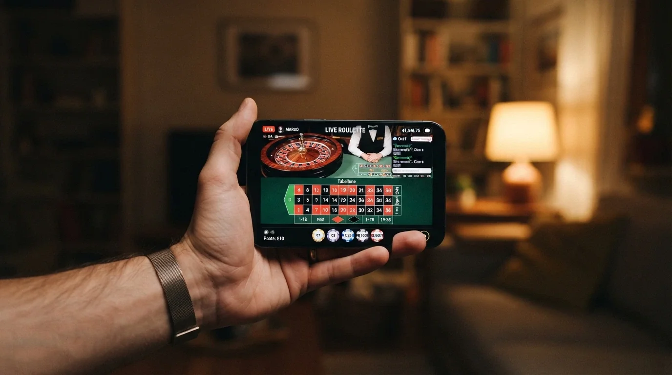 Uno smartphone in orizzontale che mostra l'interfaccia di un tavolo live con le puntate attive, la chat e il video del dealer in streaming