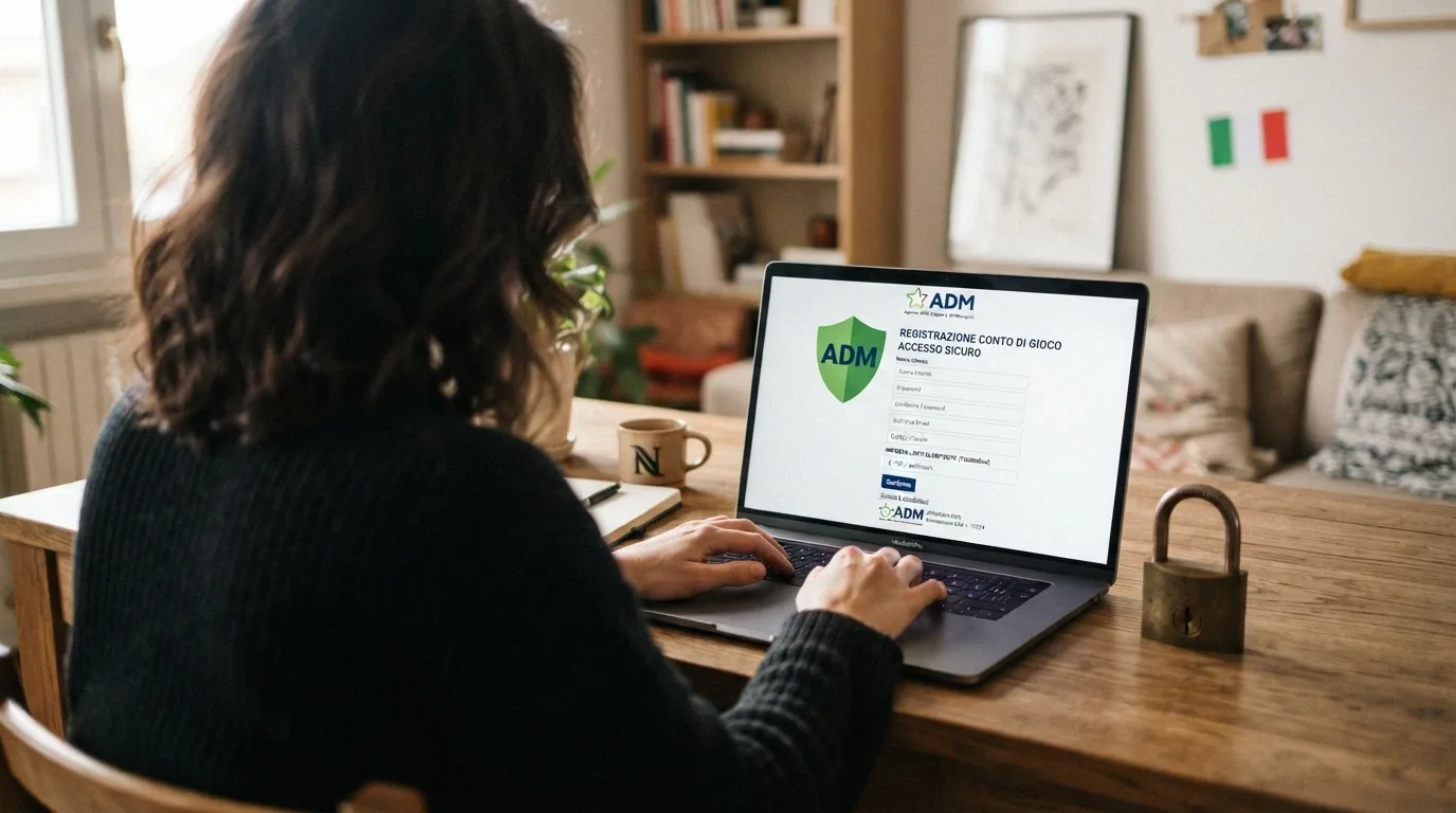 Il logo ADM (Agenzia Dogane Monopoli) su un certificato stilizzato, affiancato da un lucchetto verde e dalla bandiera italiana in trasparenza