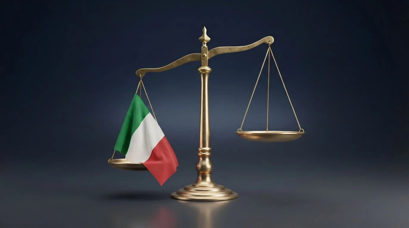 Il logo dell'Agenzia delle Dogane e dei Monopoli accanto alla bandiera italiana, con una bilancia in secondo piano a simboleggiare la regolamentazione