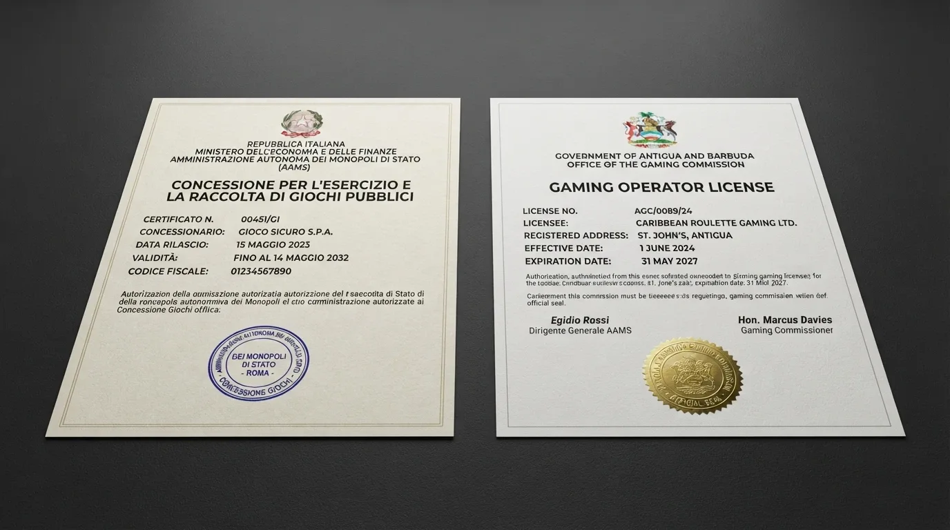 Un confronto visivo tra un certificato di concessione ADM (modello ufficiale) e una licenza di gioco emessa da Curaçao, affiancati su uno sfondo scuro