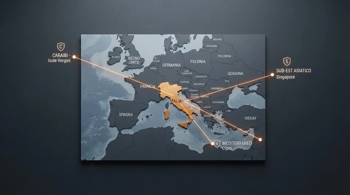 Una mappa stilizzata dell'Europa con l'Italia in evidenza e linee che collegano il paese alle giurisdizioni di licenza offshore: Curaçao, Anjouan, Filippine, Malta