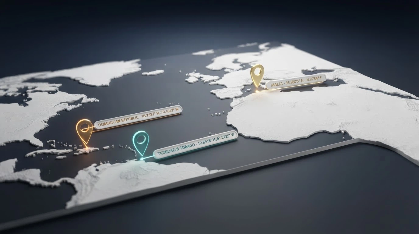 Una mappa stilizzata dell'Europa e dei Caraibi con indicatori sulle giurisdizioni che rilasciano licenze da gioco: Malta, Curaçao, Anjouan.