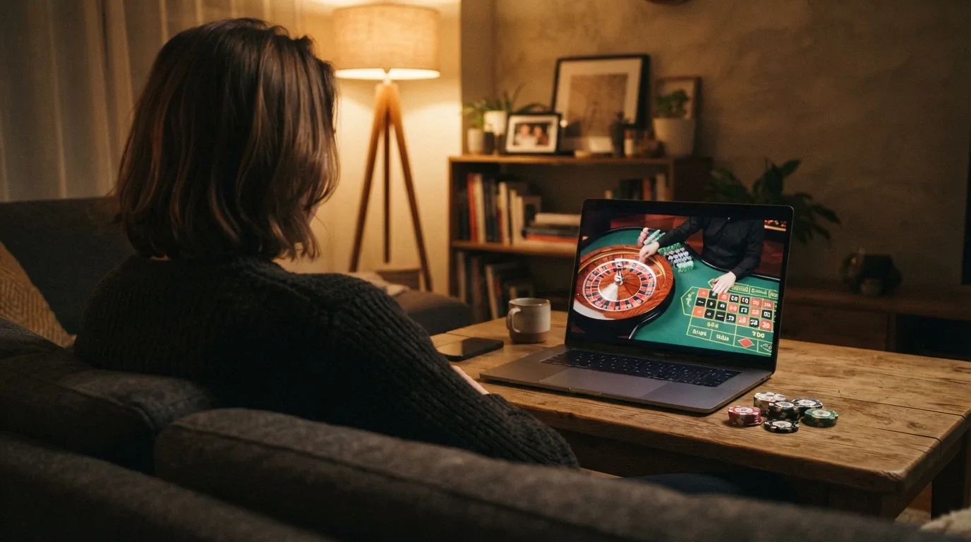 Un tavolo da roulette in stile live casino con un dealer in streaming visibile sullo schermo di un laptop, chip con il simbolo Bitcoin