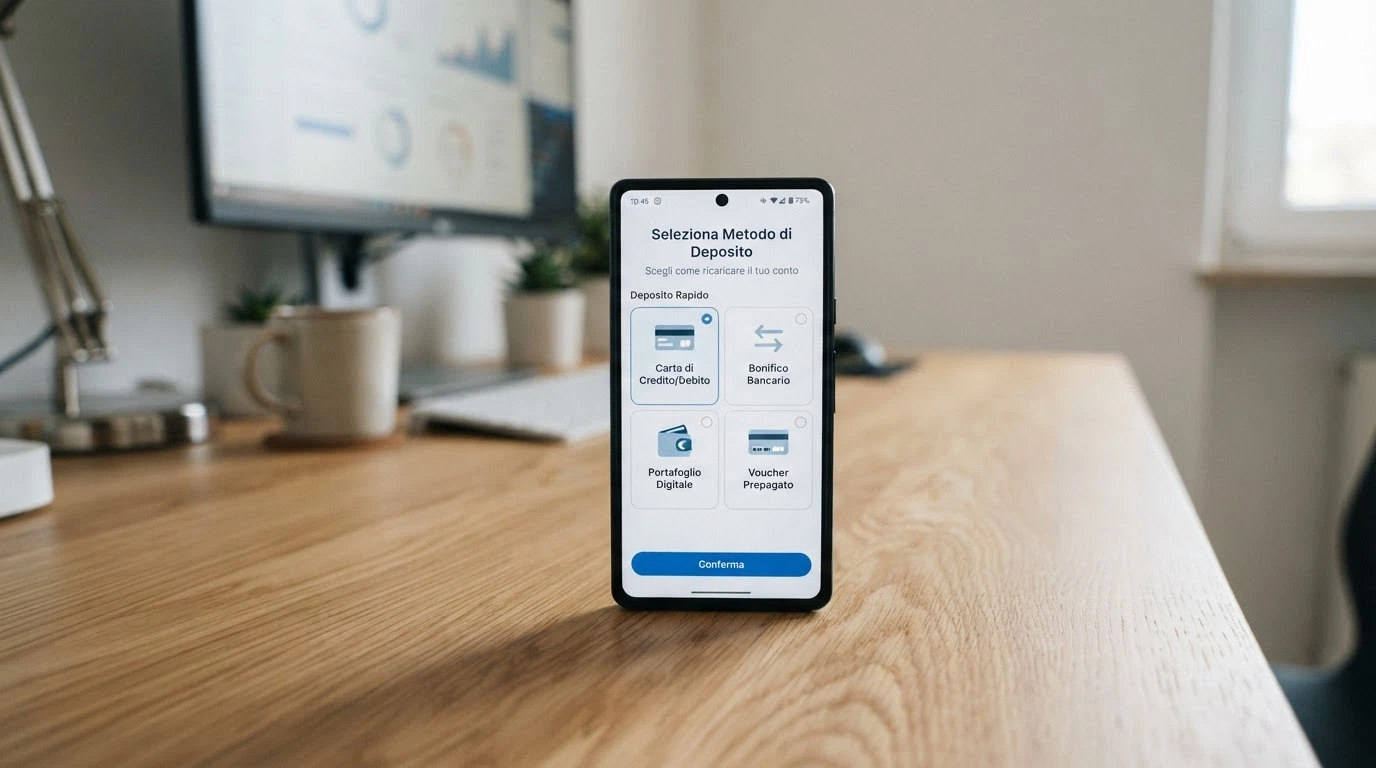Schermata di deposito con le opzioni di pagamento disponibili: carte, bonifico, Skrill, Neteller, PayPal