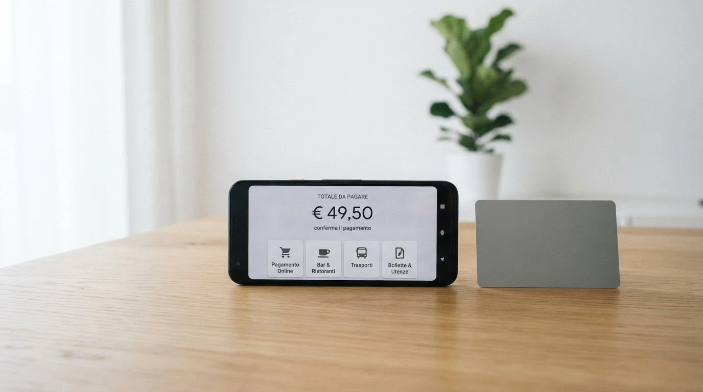 Smartphone Android con schermata di checkout e icone di metodi di pagamento (PayPal, bonifico, carte)