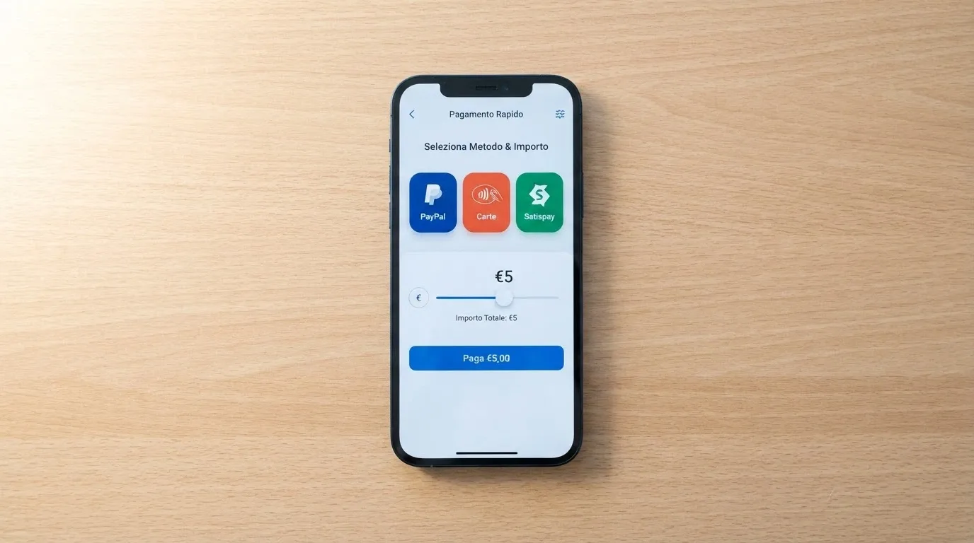 Schermata di un telefono con diverse icone di metodi di pagamento (PayPal, Postepay, carta di credito) affiancate da un cursore che indica 5€