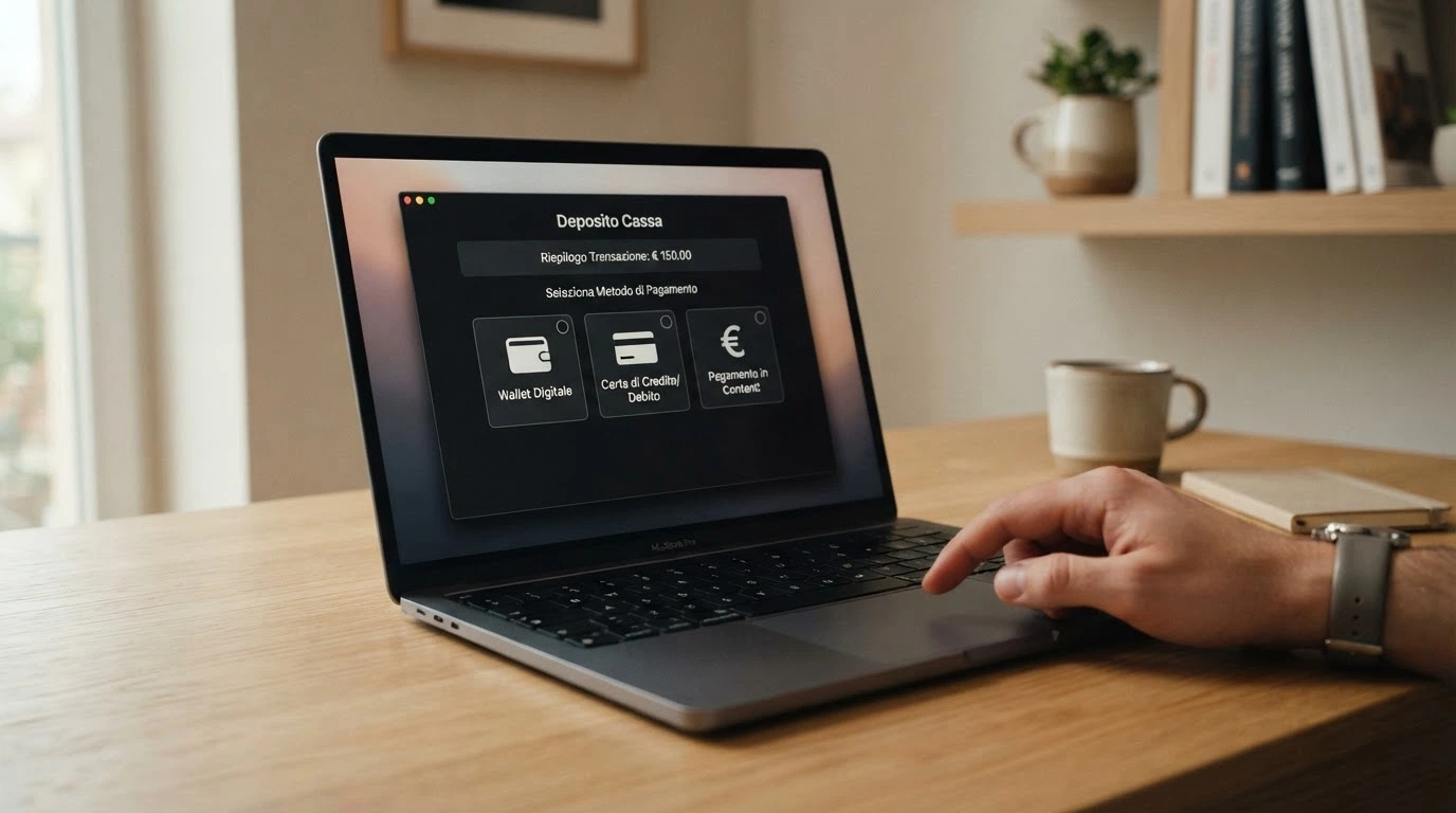 Schermata della cassa di un casinò online ADM con le icone dei metodi di pagamento disponibili: PayPal, carta di credito, bonifico, Postepay in evidenza