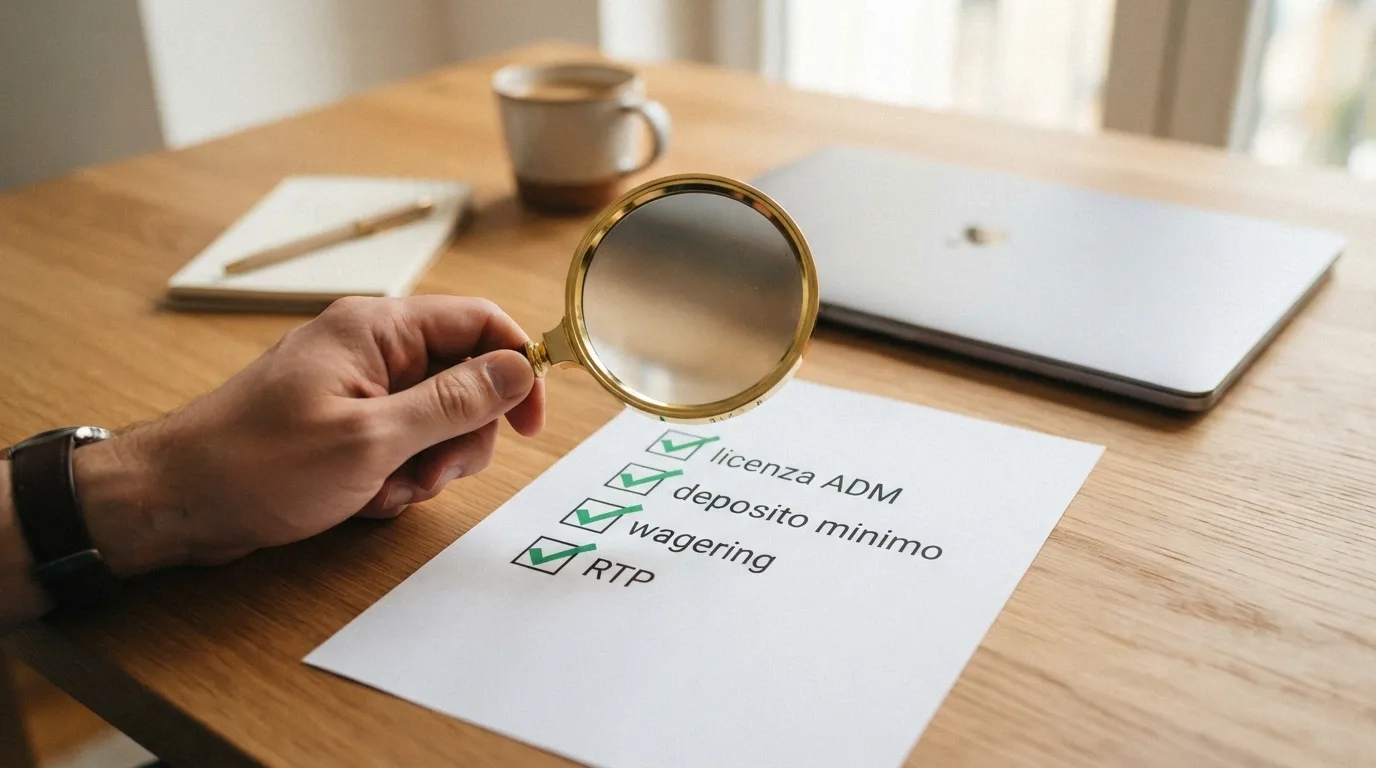 Una lente di ingrandimento su una lista di controllo con le voci «licenza ADM», «deposito minimo», «wagering», «RTP» barrate una dopo l'altra