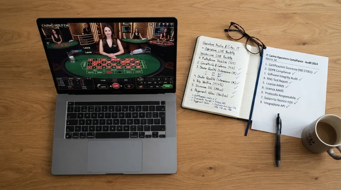 Una scrivania con un laptop aperto su un casinò live, un taccuino con appunti e una lista di controllo accanto