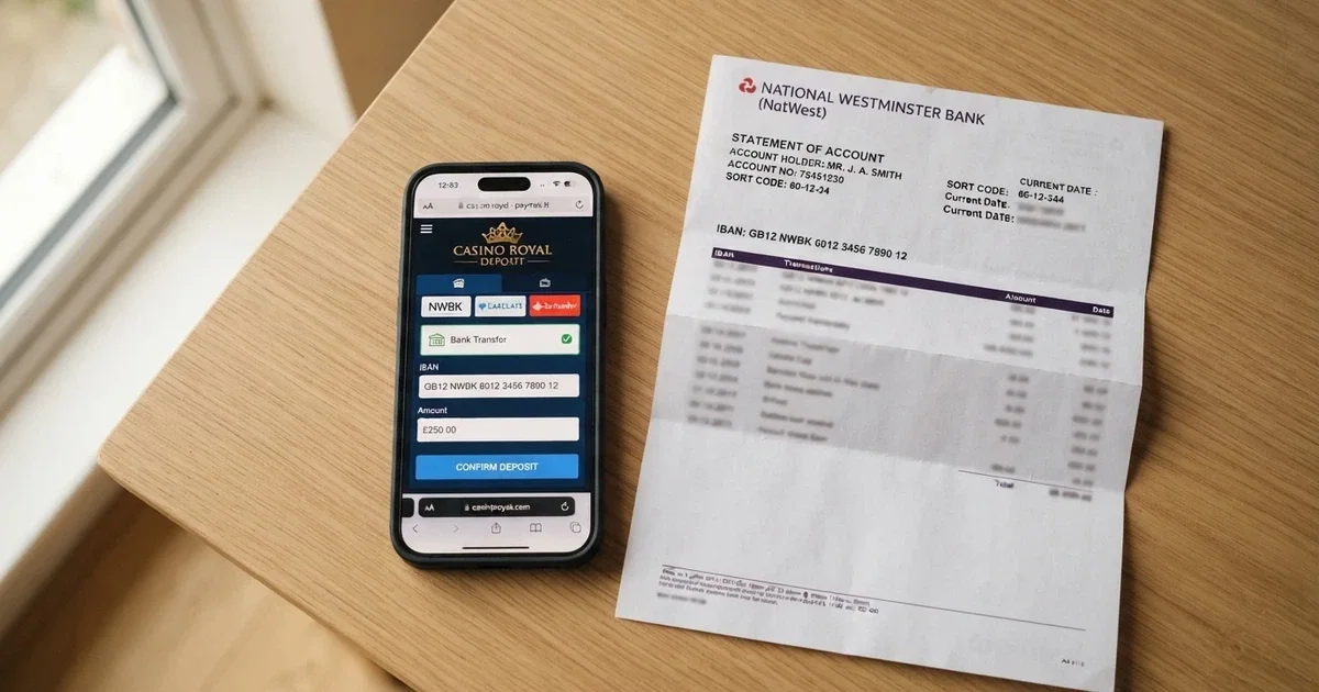 Un telefono con lo schermo aperto sulla pagina di pagamento di un casinò online, con l'opzione bonifico bancario selezionata, accanto a un iban stampato su un estratto conto