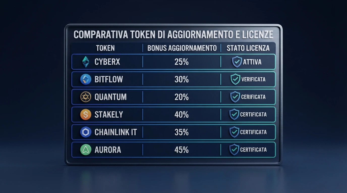 Una tabella comparativa stilizzata su sfondo scuro con icone di criptovalute, dove ogni riga rappresenta un operatore con il suo bonus di benvenuto e la licenza