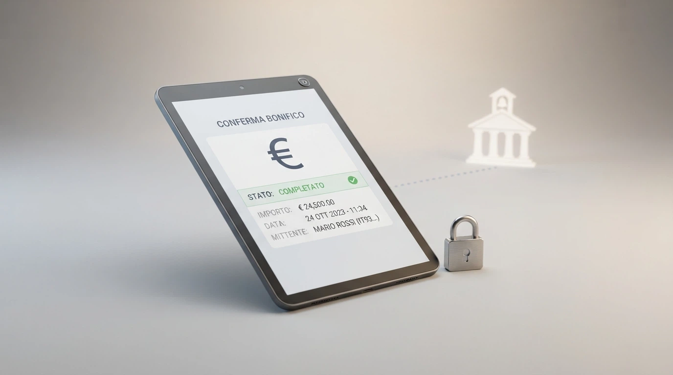 Un estratto conto bancario online con un bonifico verso un casinò ADM evidenziato, affiancato da un'interfaccia MyBank su desktop