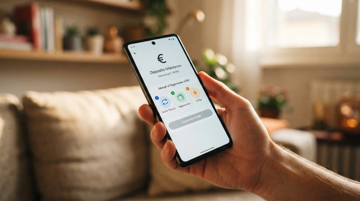 L'interfaccia di deposito di un casinò ADM con le opzioni PayPal, Skrill e Neteller affiancate, su schermo di smartphone