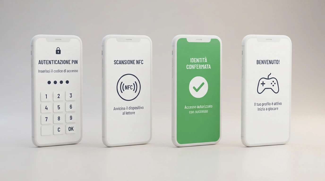 Sequenza semplificata degli schermi dell'app CieID: PIN, scansione NFC, conferma identità e schermata di accesso al conto gioco