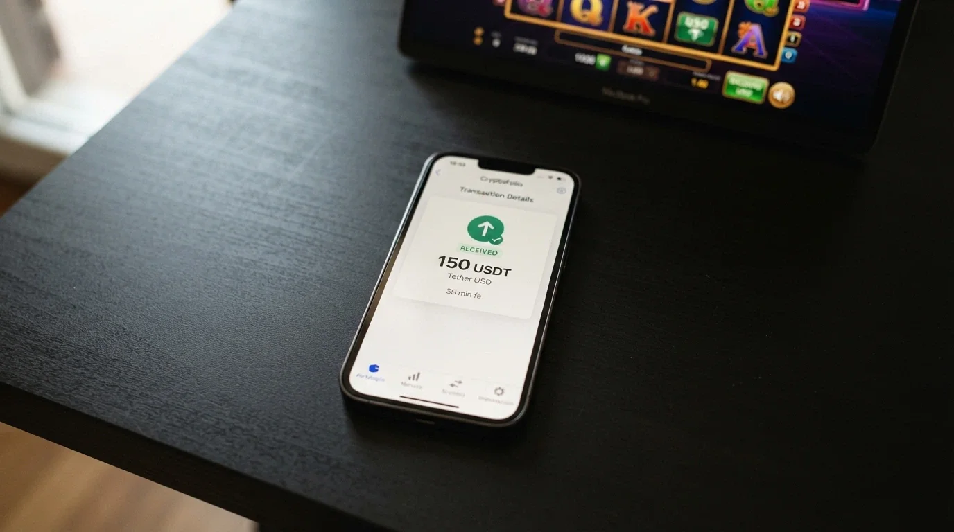 Uno smartphone che mostra un wallet crypto con una transazione in arrivo, sullo sfondo un'interfaccia di casinò
