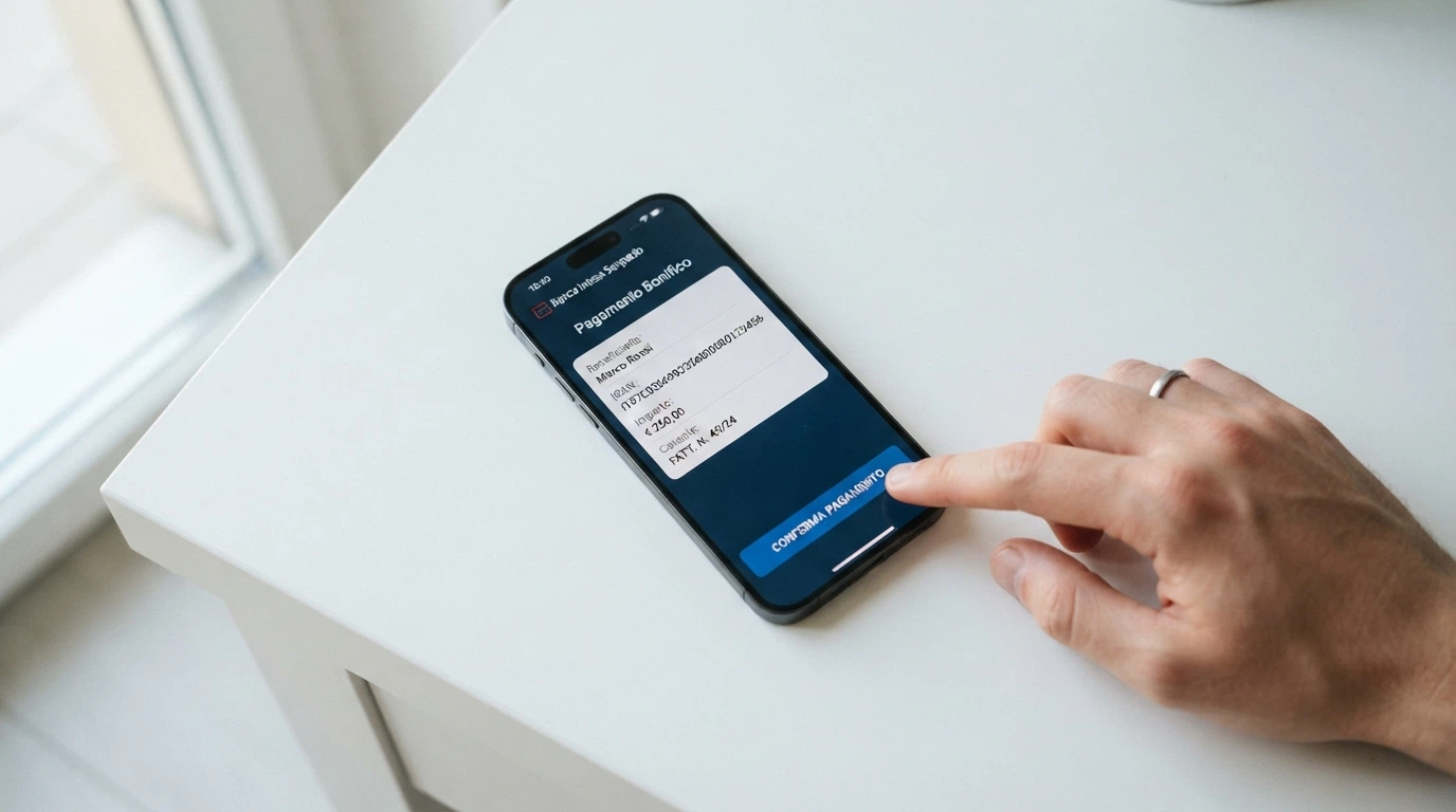 Schermata di un home banking con i campi IBAN e causale compilati per un deposito verso un casinò, con il logo ADM visibile in un angolo