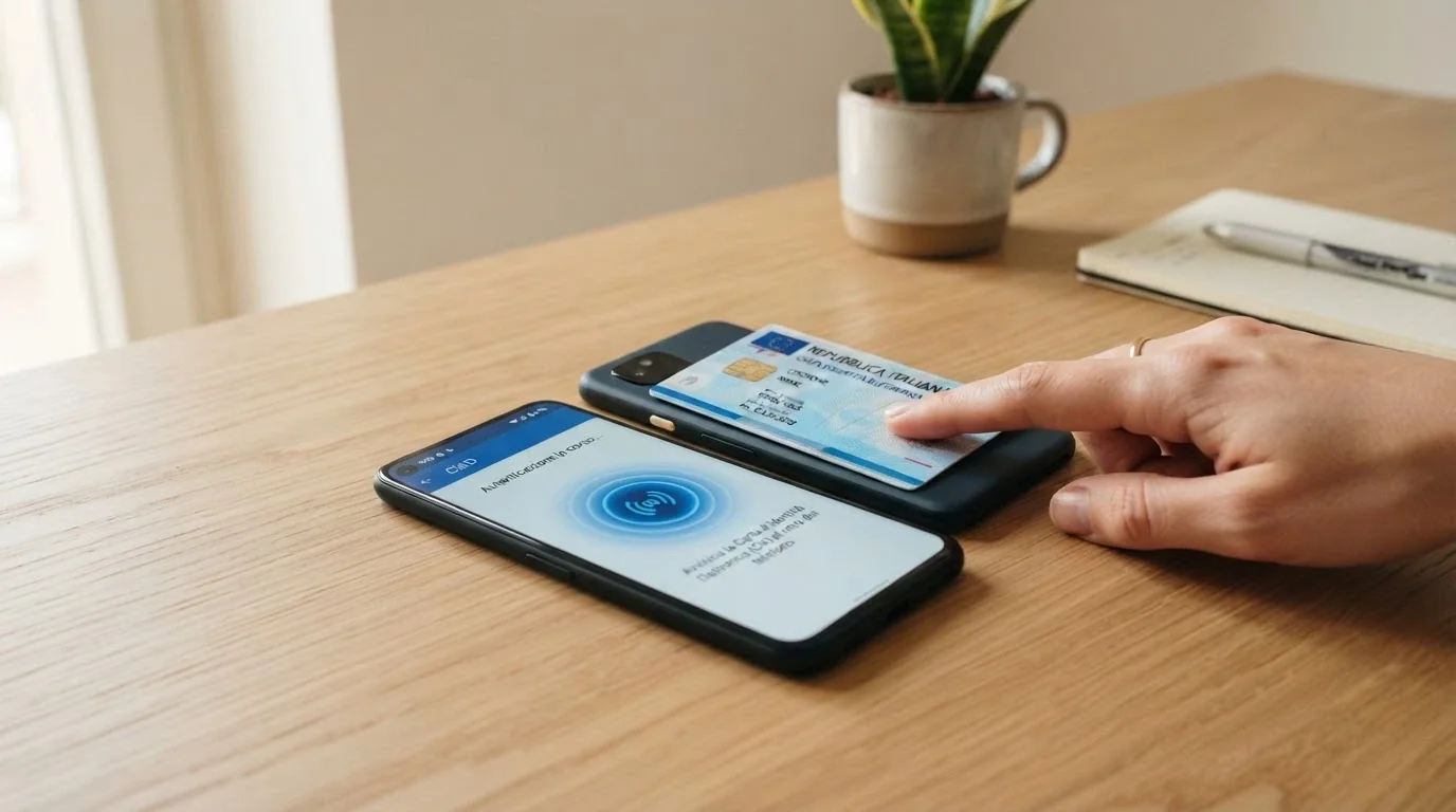 Uno smartphone con l'app CieID aperta e una CIE fisica in fase di scansione NFC