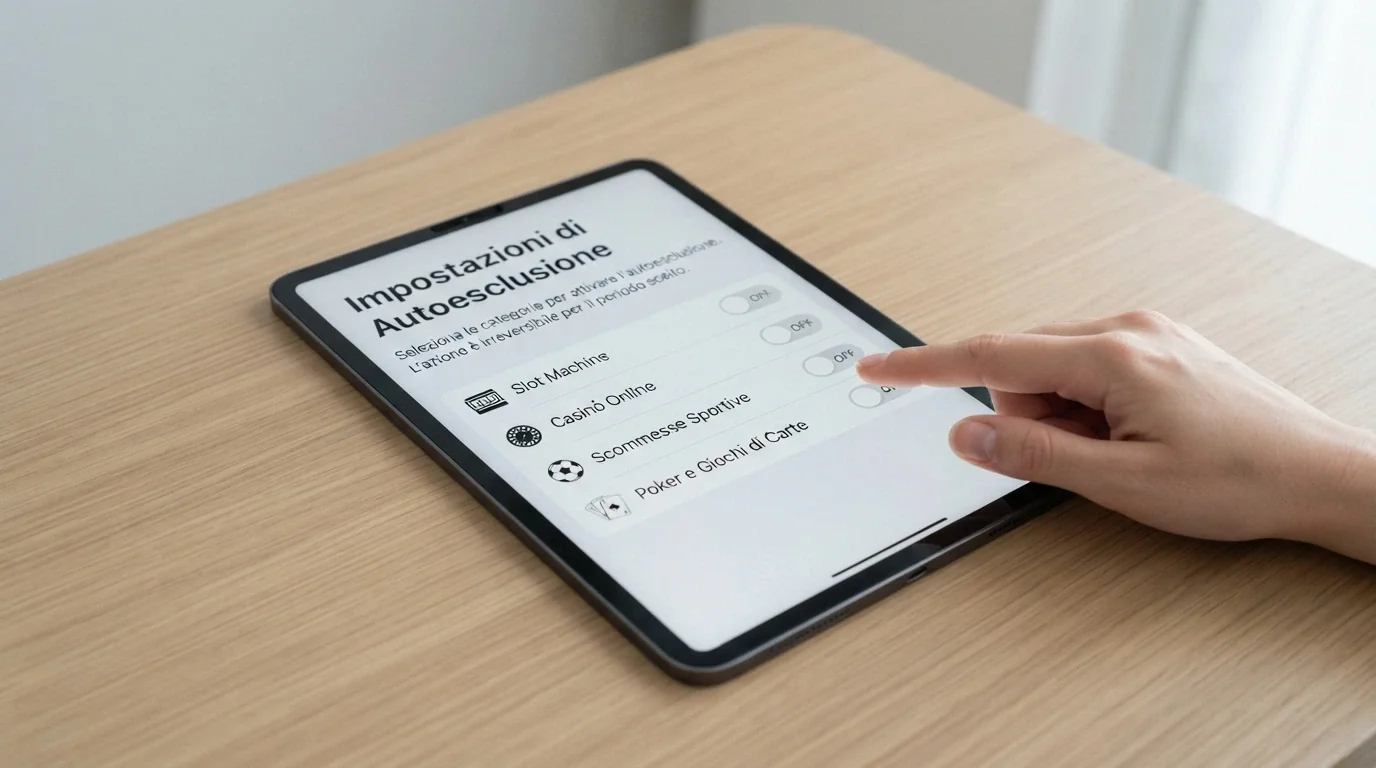 Un modulo digitale con l'intestazione «Registro Unico degli Autoesclusi» e un interruttore che blocca slot, casinò e scommesse su tutti i dispositivi