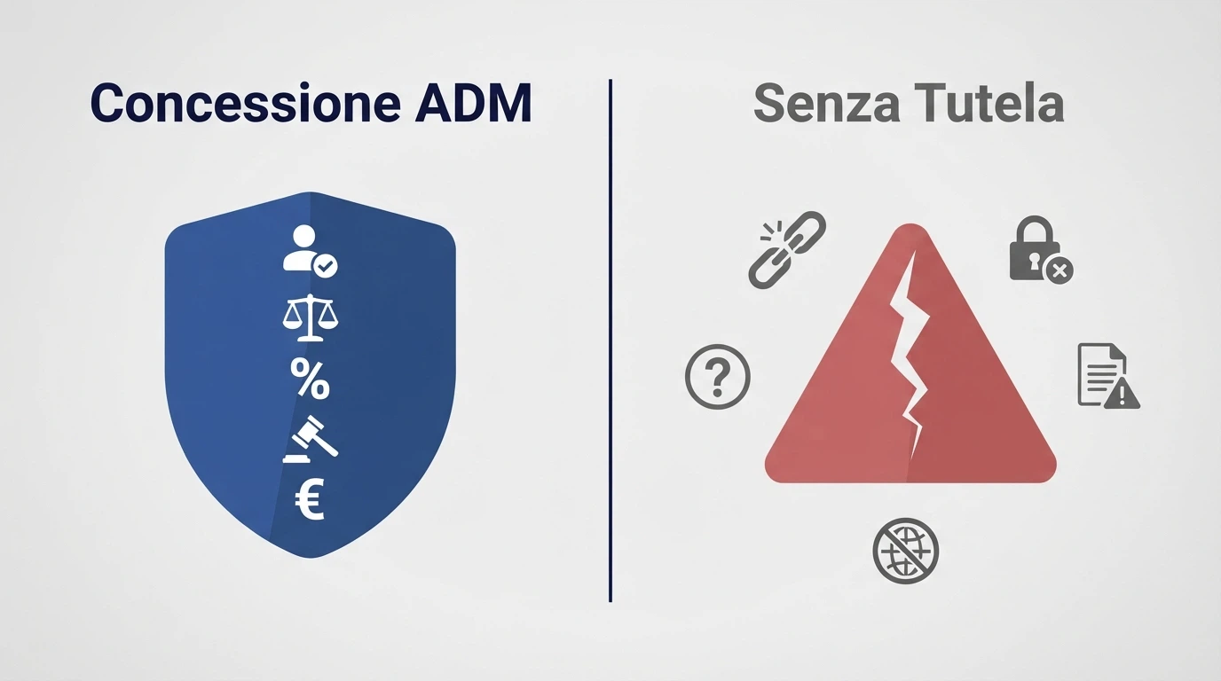 Infografica a due colonne: a sinistra scudo con simboli di protezione (RUA, ricorso legale, verifica RTP), a destra icone di rischio (blocco DNS, conto bloccato, identità a rischio)