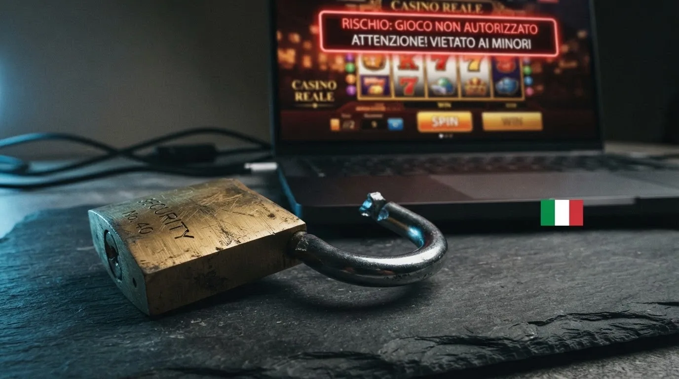 Un lucchetto rotto davanti allo schermo di un casinò online con la dicitura «non AAMS», con la bandiera italiana e il logo ADM in contrasto