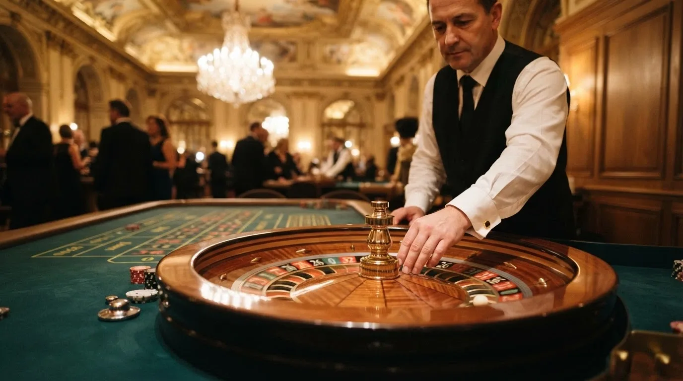 Tavolo di roulette con croupier in diretta dal salone del Casinò di Sanremo