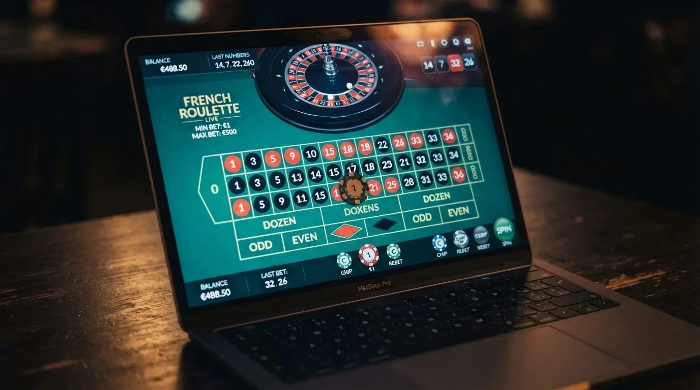 Dettaglio di una roulette RNG su schermo con la fiche da 0,10€ posata sul tavolo verde digitale