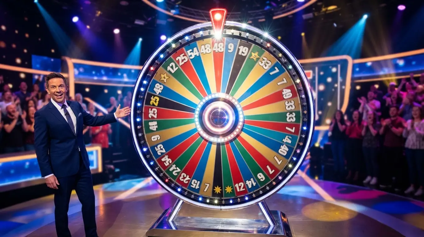 La ruota verticale di Crazy Time illuminata in studio, con il conduttore accanto e i moltiplicatori in evidenza