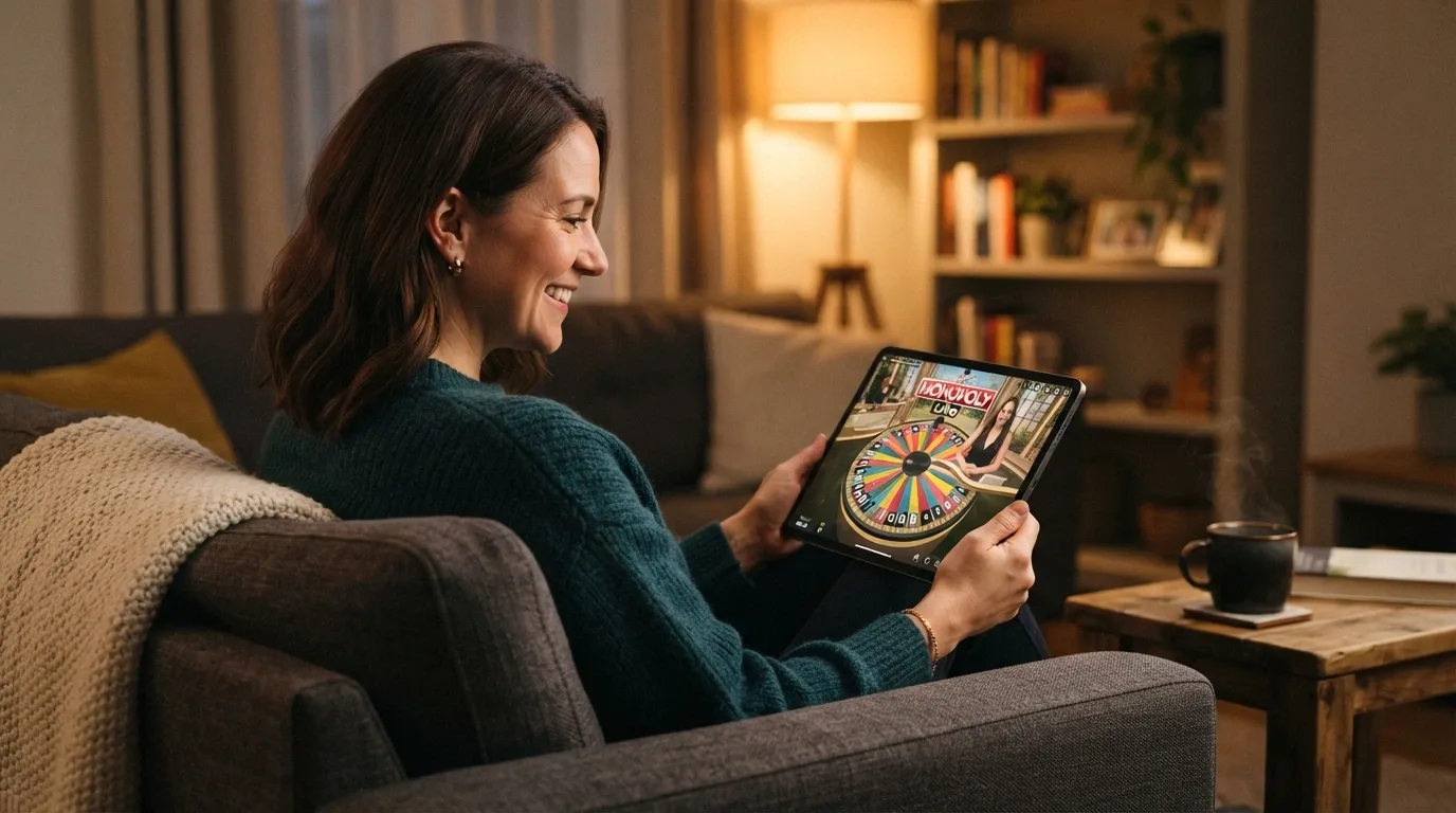 Un giocatore sorridente davanti al tablet, con l'interfaccia di un tavolo live sullo schermo e un ambiente domestico intorno
