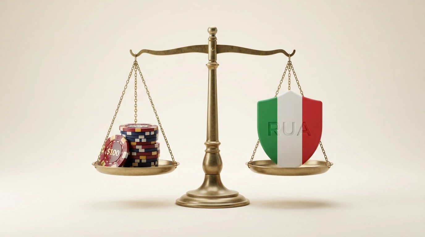 Una bilancia che pesa da un lato una pila di gettoni da casinò lucenti e dall'altro uno scudo con la bandiera italiana e la scritta «RUA»