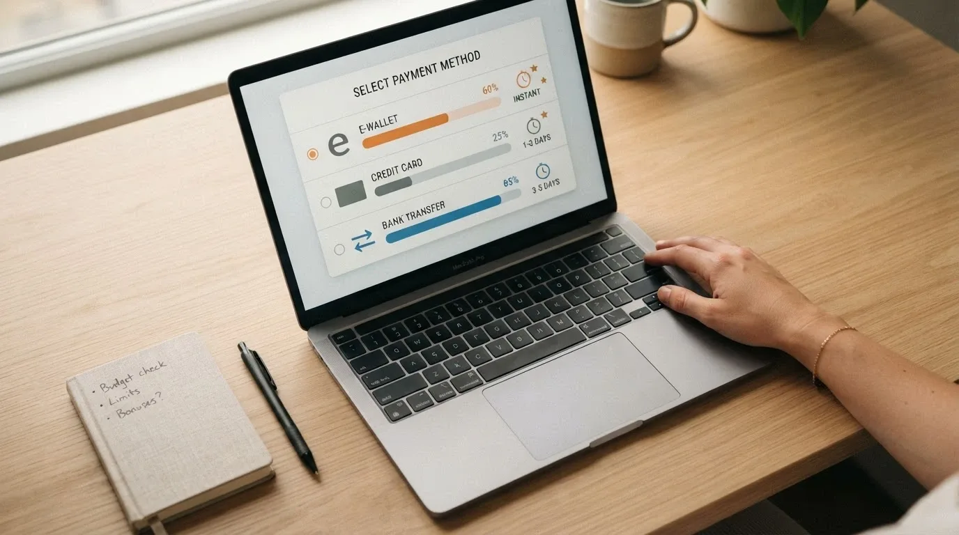 Un giocatore davanti a uno schermo che confronta tre opzioni di pagamento (e-wallet, carta, bonifico) con le rispettive icone di velocità, costi e limiti