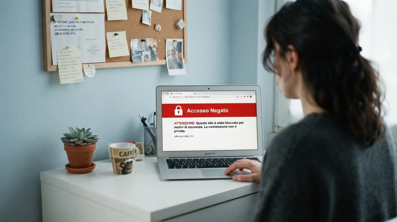 Uno schermo di computer che mostra un avviso di blocco DNS da parte di un ISP italiano, con il messaggio di sito non raggiungibile