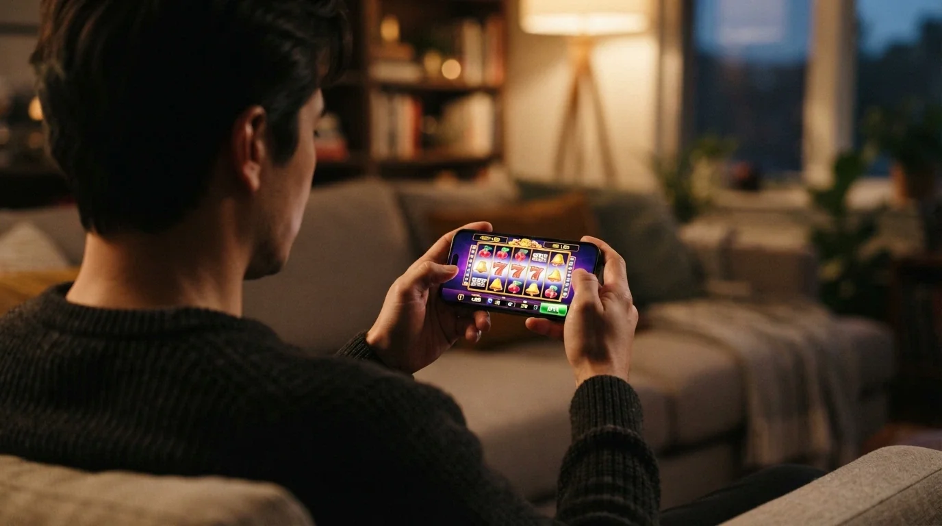 Mani di un giocatore che tengono uno smartphone in orizzontale con una slot Megaways BTG in esecuzione nel browser mobile, interfaccia touch visibile