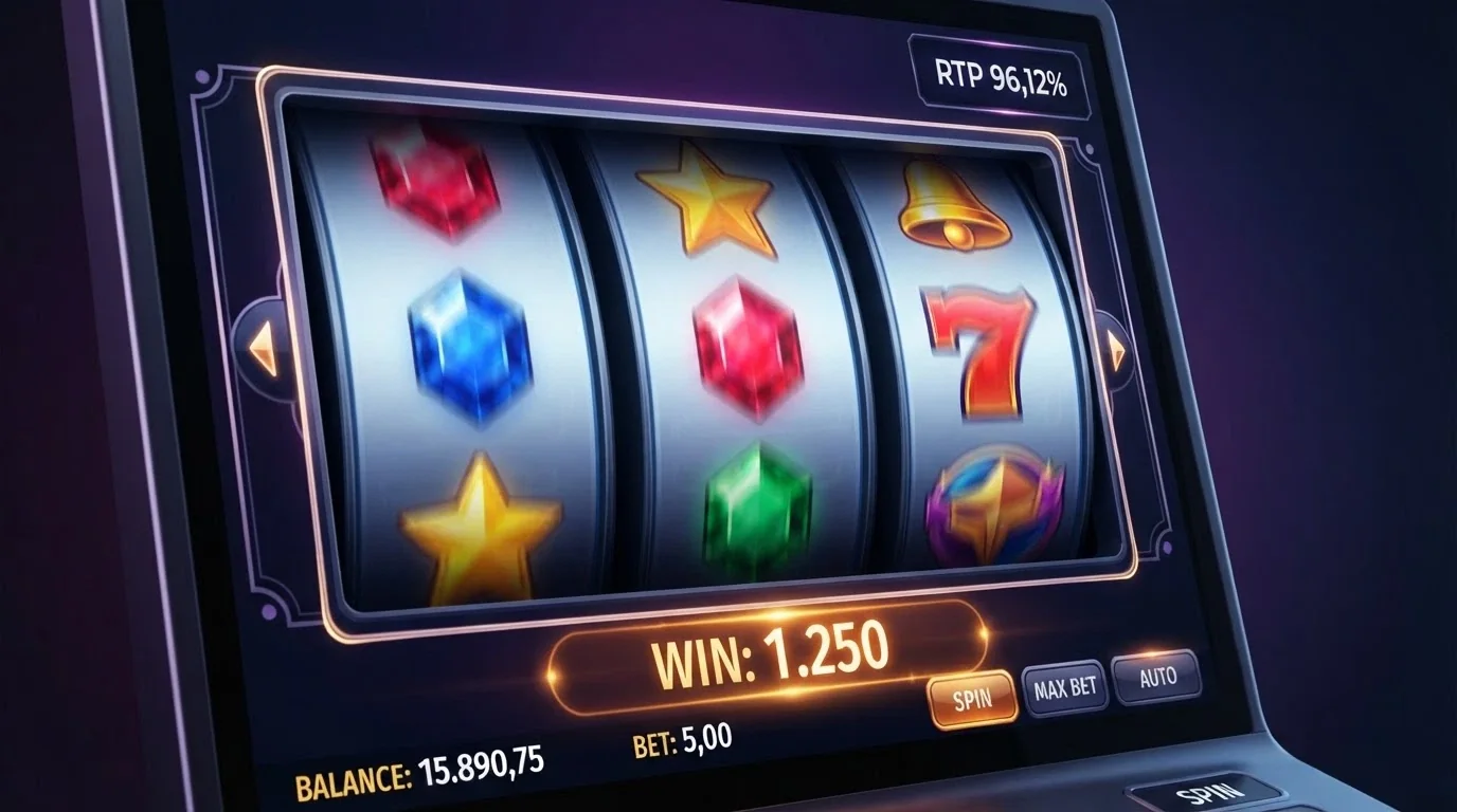 Un primo piano dello schermo di una slot machine digitale con il tema Dogecoin, il contatore RTP visibile nell'angolo (96,12%) e i rulli in movimento
