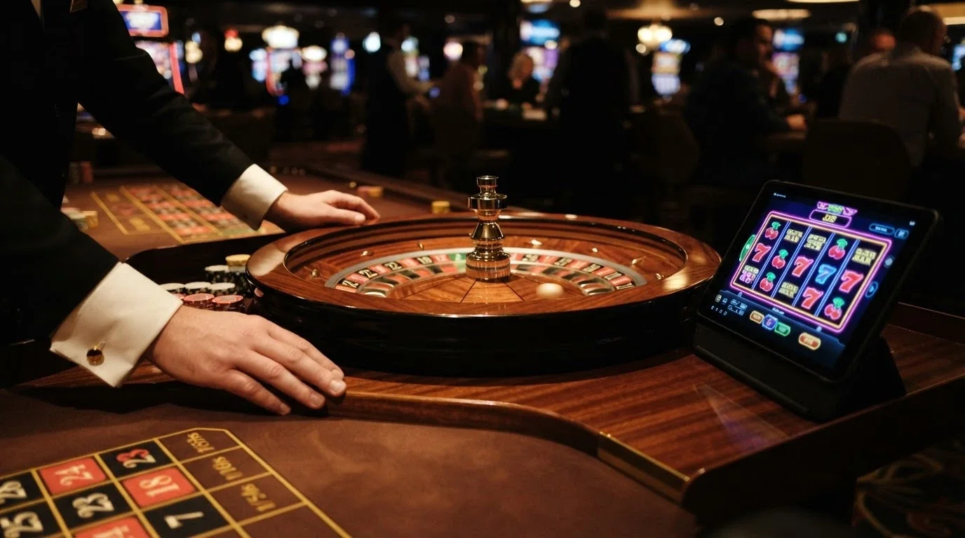 Una roulette dal vivo con un dealer in smoking, affiancata da tre schermate di slot colorate con rulli in movimento