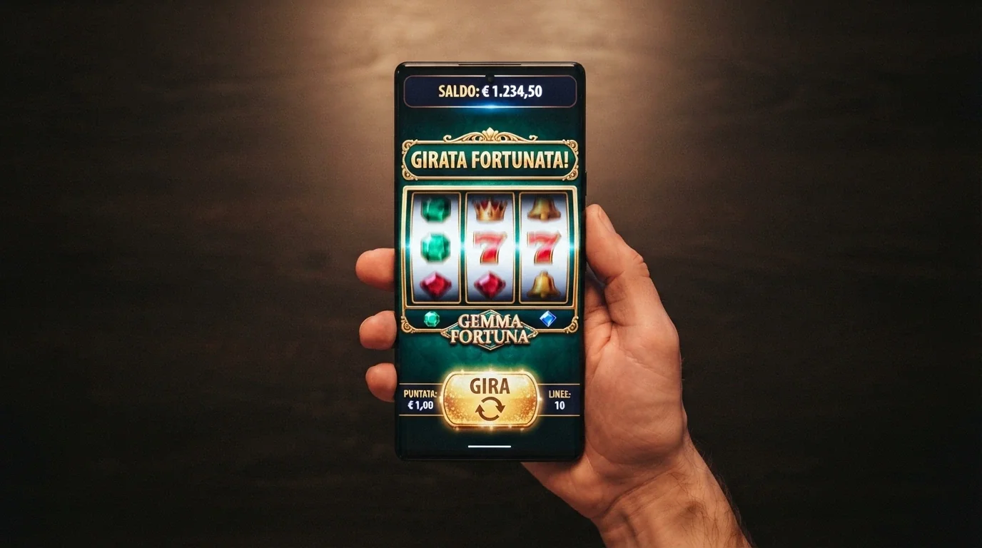 Interfaccia di una slot machine su iPhone con i rulli, il pulsante spin e il saldo in alto