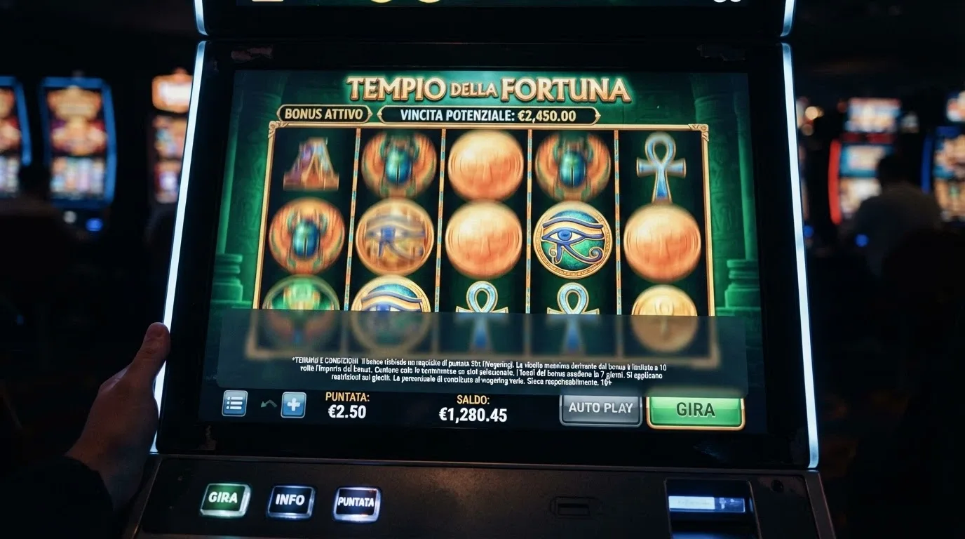La schermata di una slot online con il contatore dei giri gratis attivo e, in sovrimpressione semitrasparente, le condizioni di wagering in piccolo