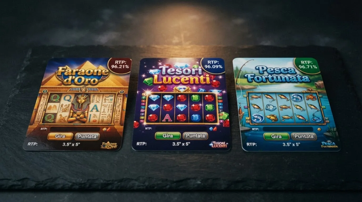 Tre schede di slot affiancate — Book of Dead, Starburst e Big Bass Bonanza — con il rispettivo RTP evidenziato in un riquadro colorato