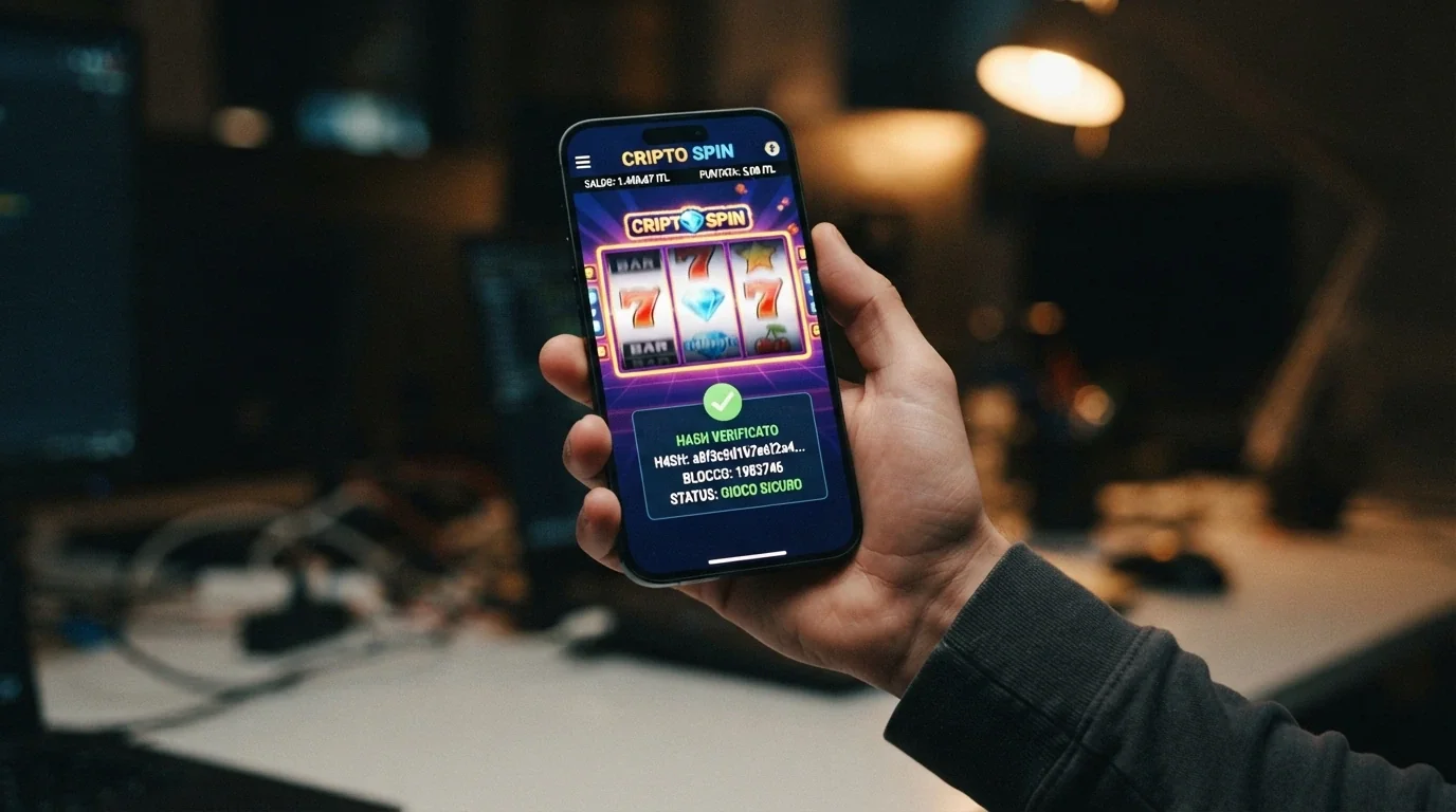 La schermata di una slot machine online con l'interfaccia di verifica provably fair aperta in overlay: si vedono l'hash del seed e il risultato della mano verificabile