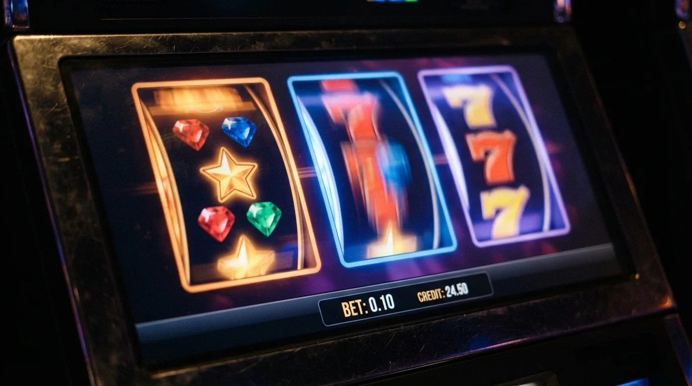 Rulli di una slot online con il contatore della puntata fermo su 0,01€, su sfondo scuro con luci colorate