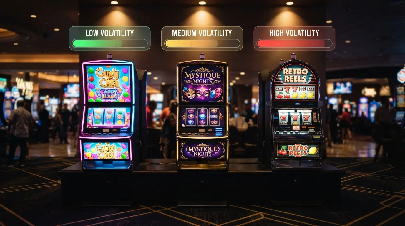 Tre slot machine affiancate con stili grafici diversi (una colorata e vivace, una scura e misteriosa, una classica con frutti) e un indicatore di volatilità sopra ciascuna