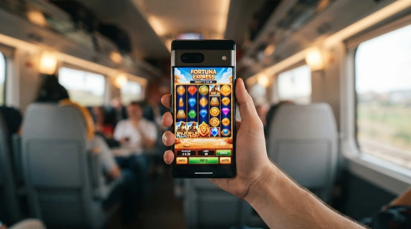 Una mano tiene uno smartphone in verticale con l'interfaccia di una slot in esecuzione sull'app di un casinò ADM; sullo sfondo sfocato, l'interno di un treno
