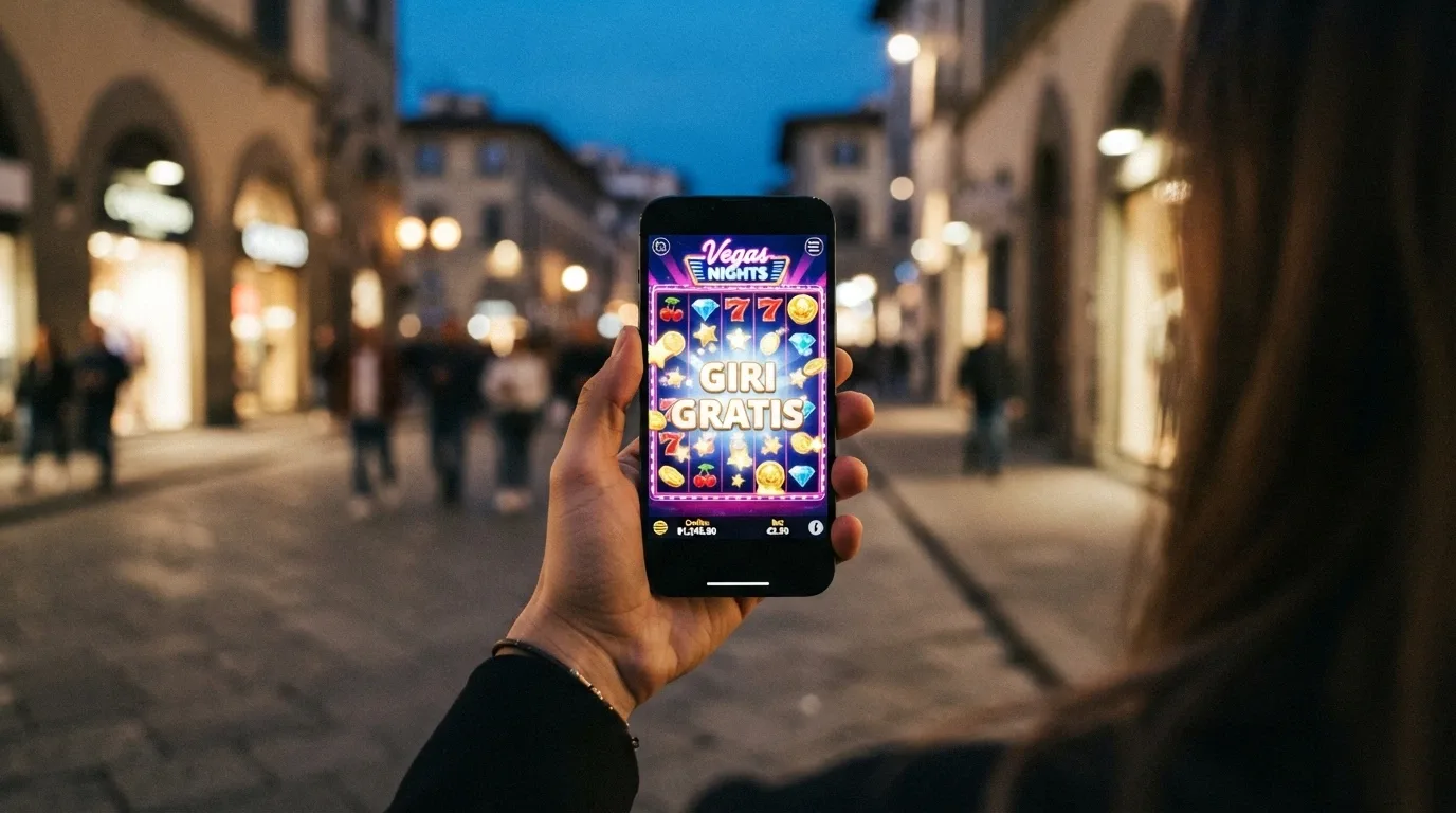 Una mano che tiene uno smartphone in verticale con l'interfaccia di un casinò online italiano e la scritta «Giri Gratis» in evidenza, sfondo urbano sfocato