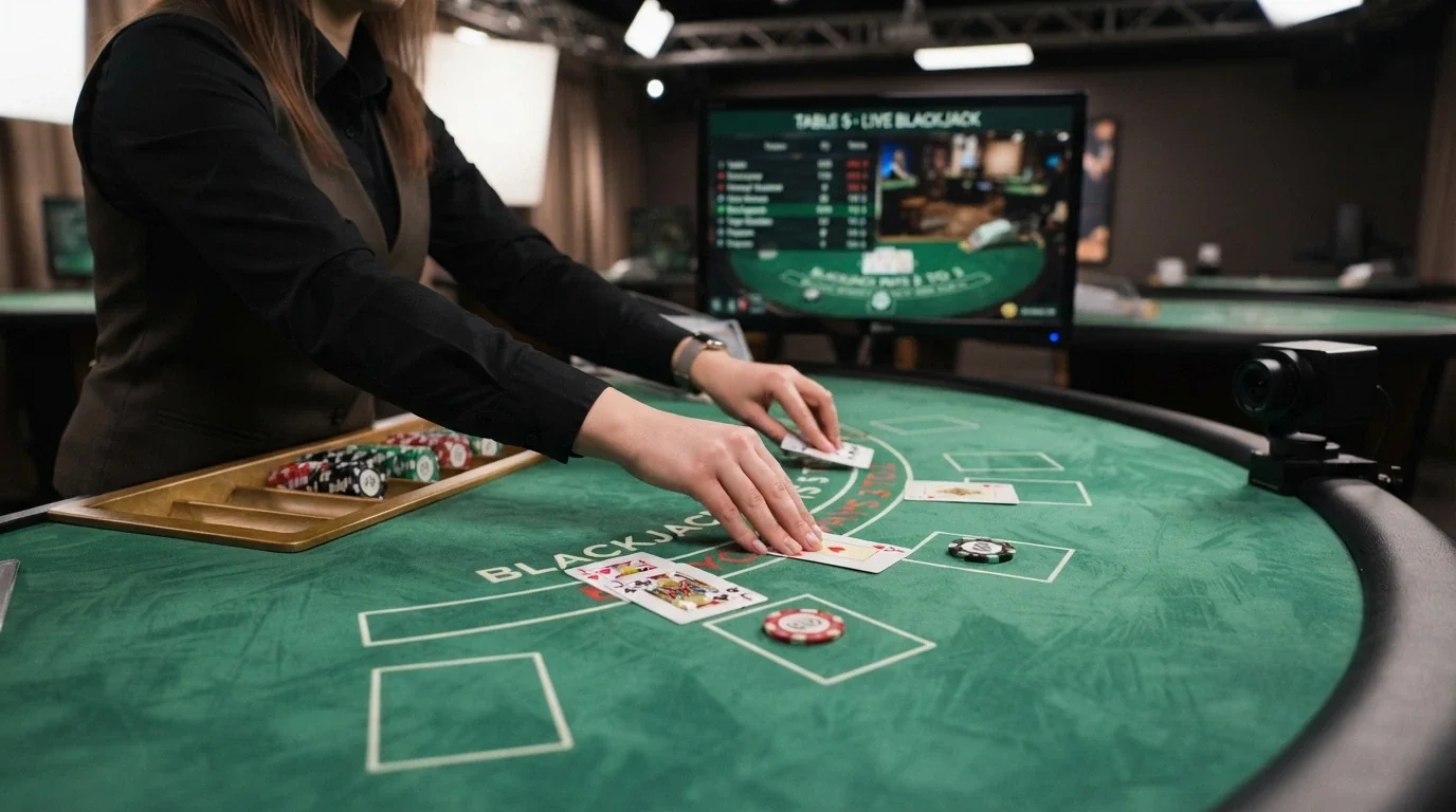 Primo piano di un croupier che distribuisce carte su un tavolo da blackjack, con monitor e telecamere sullo sfondo