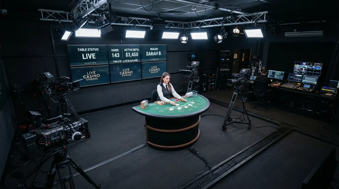 Uno studio di casinò live con telecamere multiple puntate su un tavolo da blackjack, dealer in azione e schermi con le puntate dei giocatori