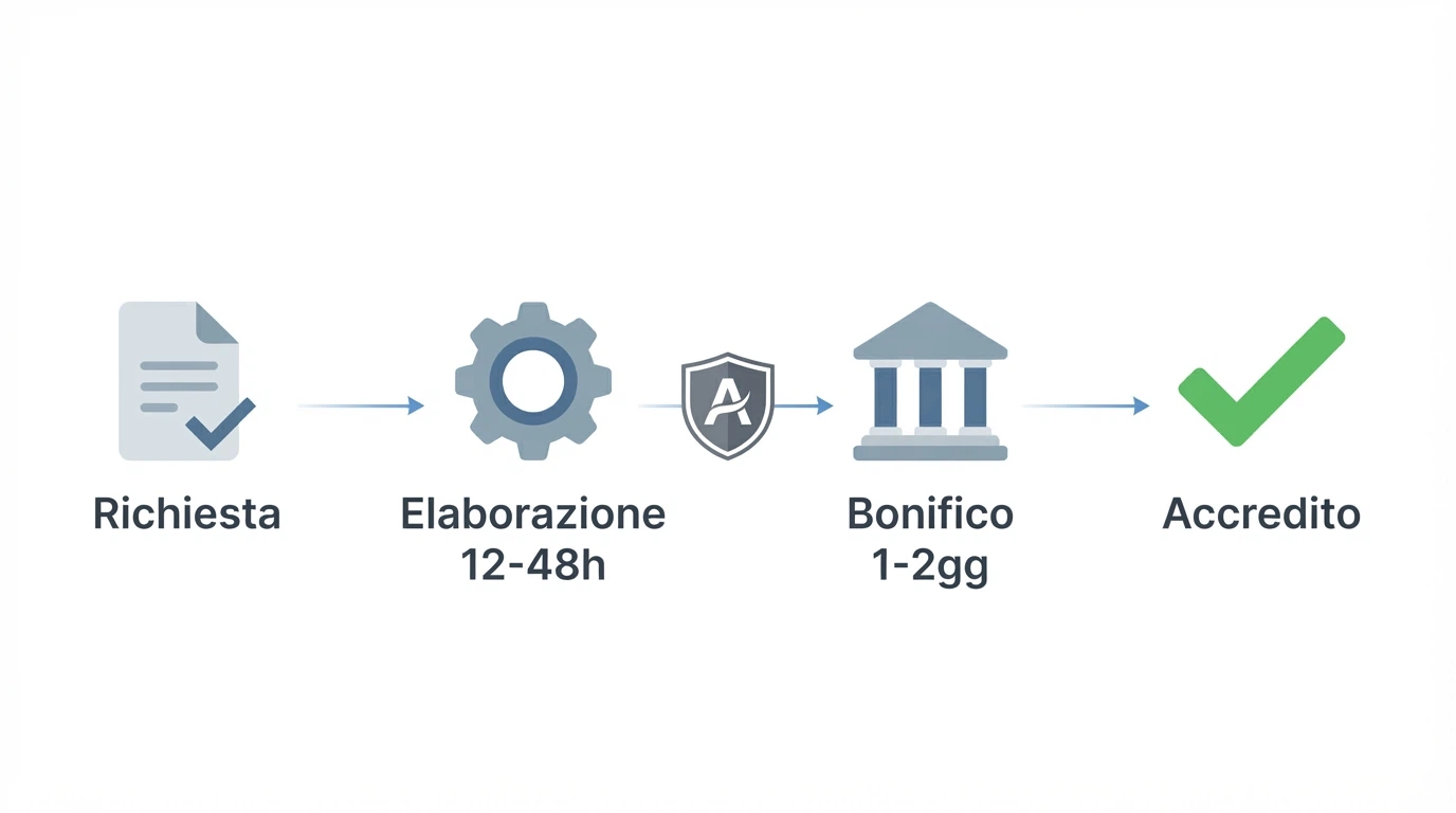 Timeline visiva che mostra le fasi del prelievo: richiesta → elaborazione interna (12-48h) → bonifico bancario (1-2gg) → accredito, con l'icona ADM al centro