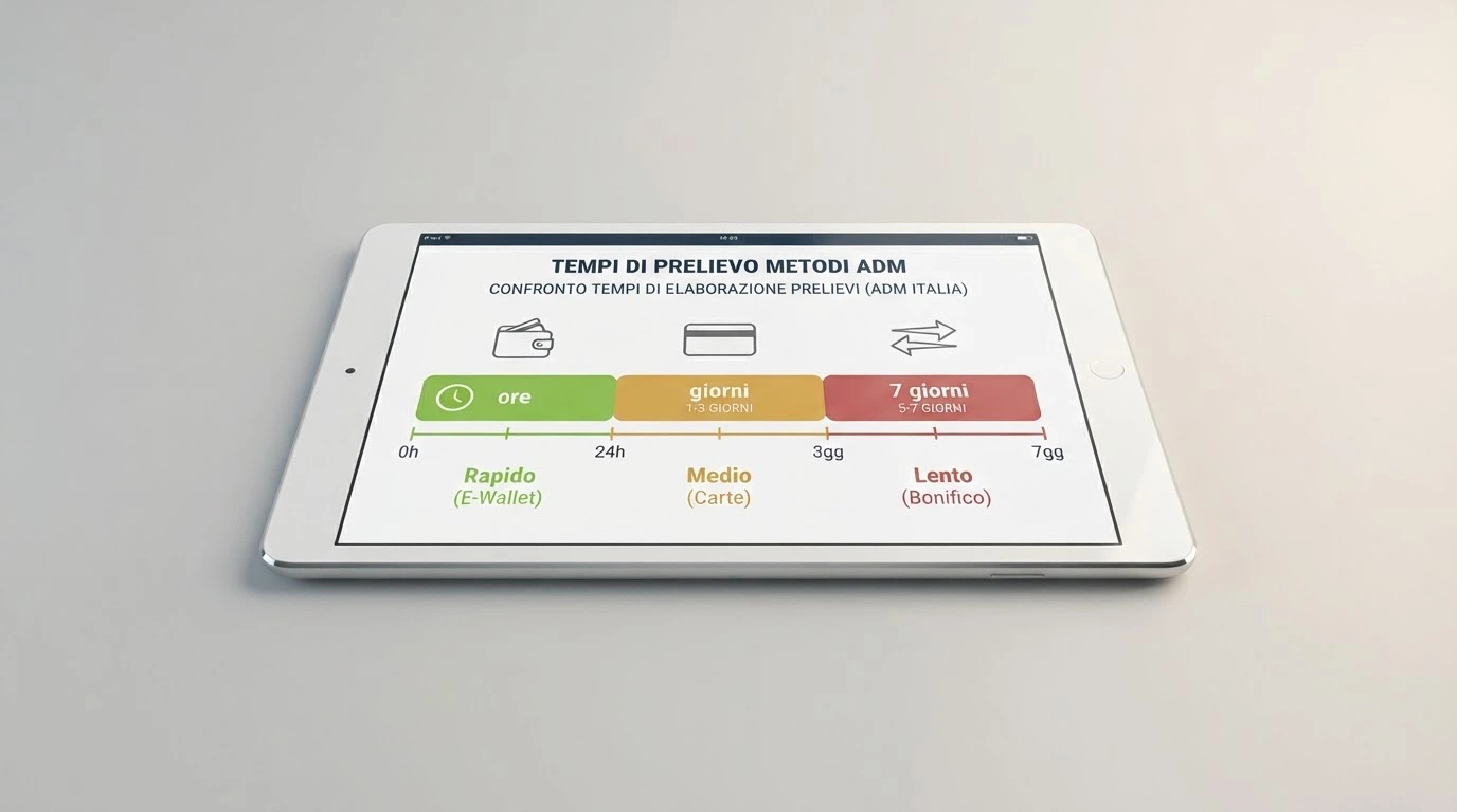 Una linea del tempo che confronta i tempi di prelievo di e-wallet, carte e bonifico — da «poche ore» a «7 giorni» — con icone per ogni metodo