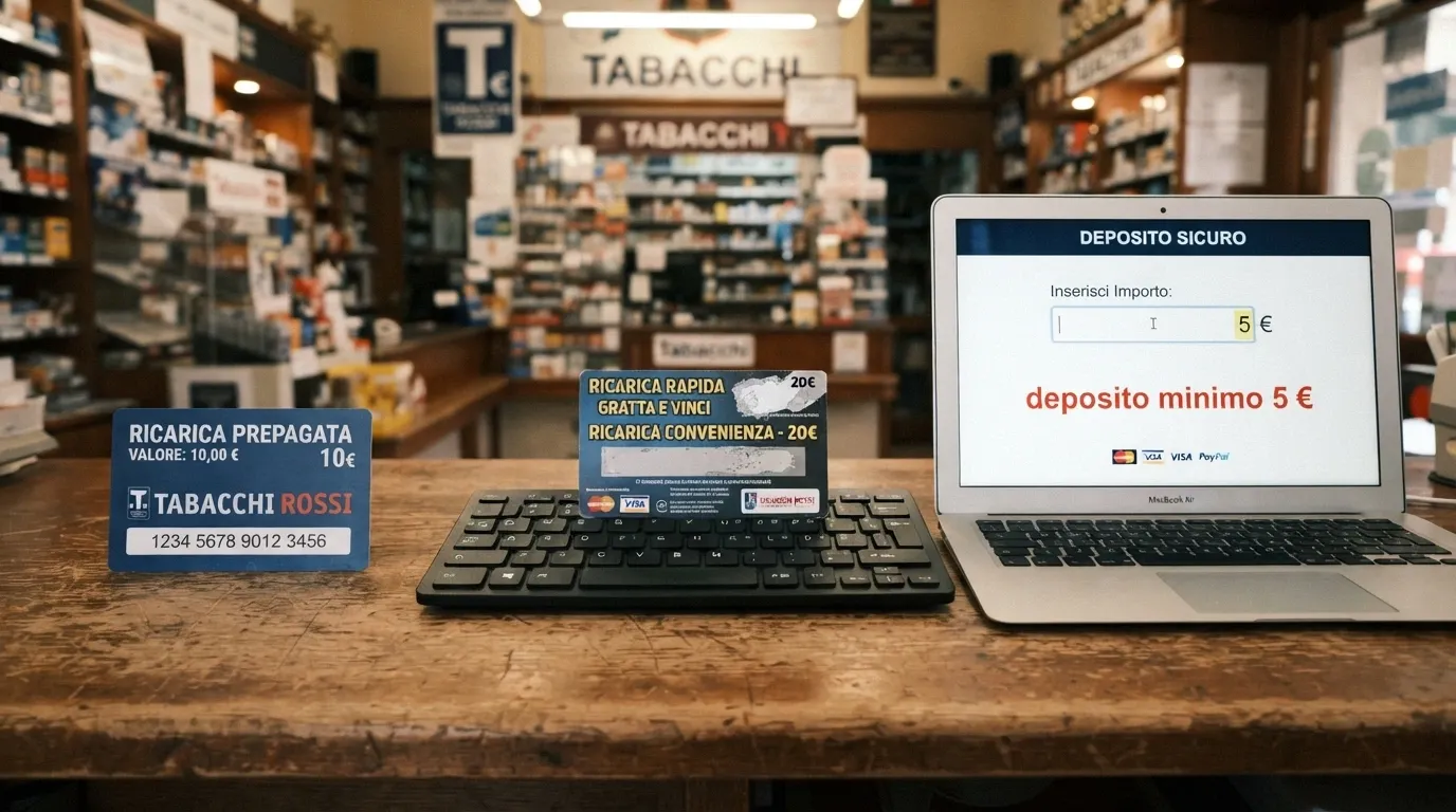 Tre colonne affiancate: a sinistra un voucher fisico su un bancone di ricevitoria, al centro un gratta e vinci appoggiato su una tastiera, a destra uno schermo con la scritta «deposito minimo 5 €» in rosso