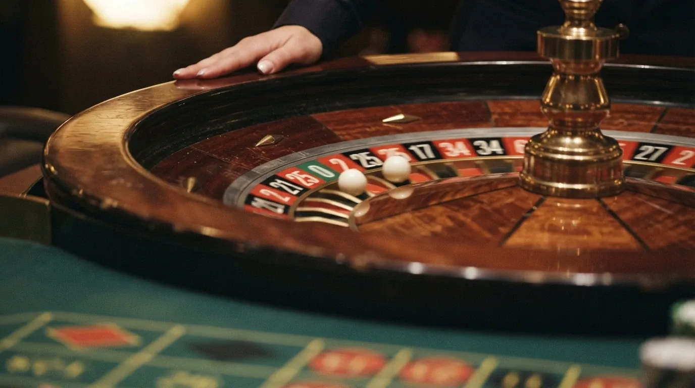 Primo piano di una ruota della roulette europea con singolo zero, croupier che segue il giro della pallina, interfaccia di puntata visibile